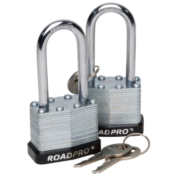 RoadPro 2-Pack 40mm Steel Laminated Padlock with 2-Inch Shackle Bumpered Locker Lock Weather-Proof