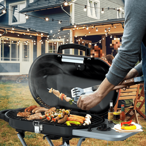 RoadTrip Portable Propane Gas Grill,15,000 BTU BBQ Grill with Top Cover Lid,Folding Legs & 2 Wheels, 406 sq.in. Grilling Areas, Built-in Thermometer, Barbecue Gas Grill for Patio,Party,Orange