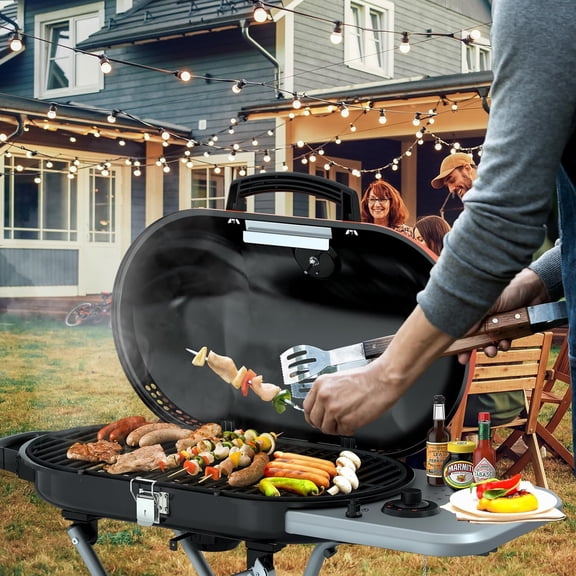 RoadTrip Portable Propane Gas Grill,15,000 BTU BBQ Grill with Top Cover Lid,Folding Legs & 2 Wheels, 406 sq.in. Grilling Areas, Built-in Thermometer, Barbecue Gas Grill for Patio,Party,Orange