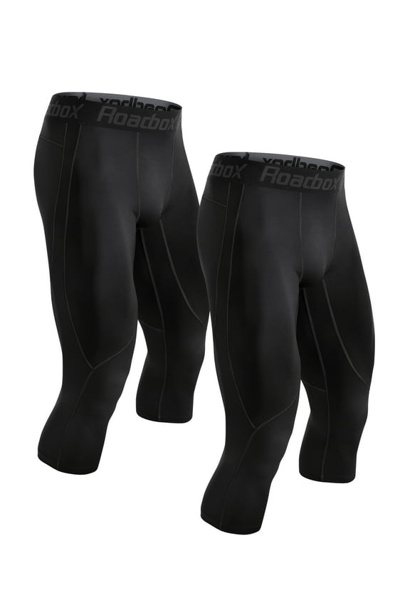 2 Pack Men's 3/4 One Leg Compression Pants - Basketball Athletic Running Tights Leggings Spandex Base Layer Underwear