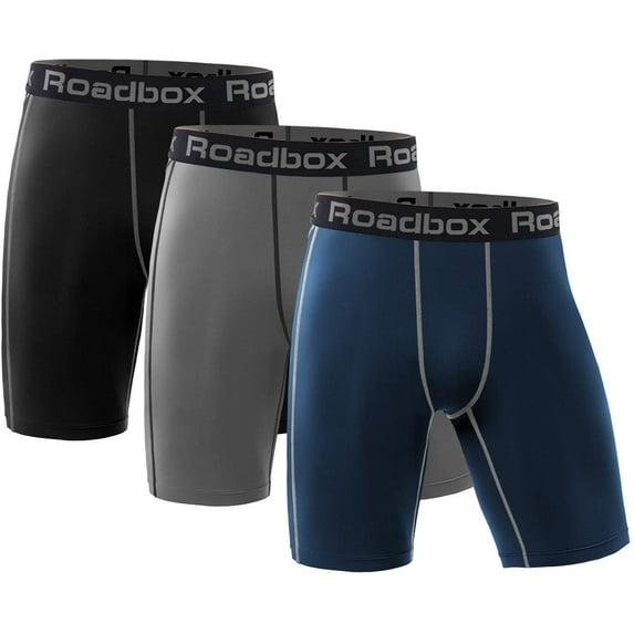 Roadbox Compression Shorts for Men 3 Pack Cool Dry Athletic Workout Underwear Running Gym Spandex Baselayer Boxer Briefs