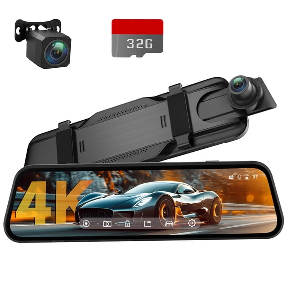 ALILYY 10'' Dash Cam 4K Rear View Mirror Car Dash Cam with 1080P Backup Camera Dash Cam Front and Rear for Car with Voice Control, 24H Parking Mode, Night Vision, 32GB SD Card Included,Black