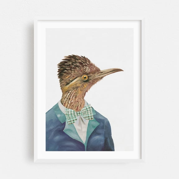 Roadrunner - Painting Bird Surrealism Animal Humor Portrait Modern Art Whimsical White Framed Wall Art Print 20 x 30 inches