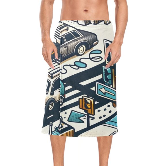 Roads Cars and Houses Bath Towel Wrap for Man Adjustable Shower Wrap Button Closure Body Towel for Sauna Gym