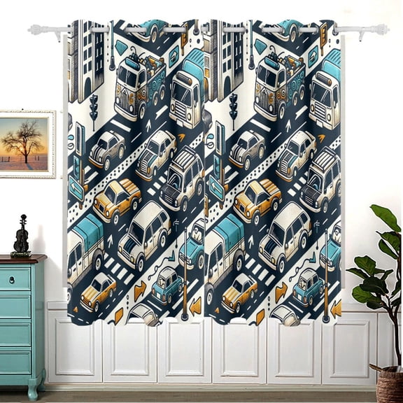 Roads Cars and Houses Blackout Curtain Panels 63x55in Drapes Privacy Assured for Living room Bedroom Bathroom 2 panels set