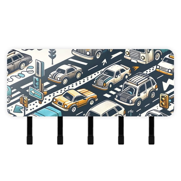 Roads Cars and Houses Mail Holder Organizer Wall Mount with Shelf Key Holder Key Rack with 5 Key Hooks for Wall Decorative