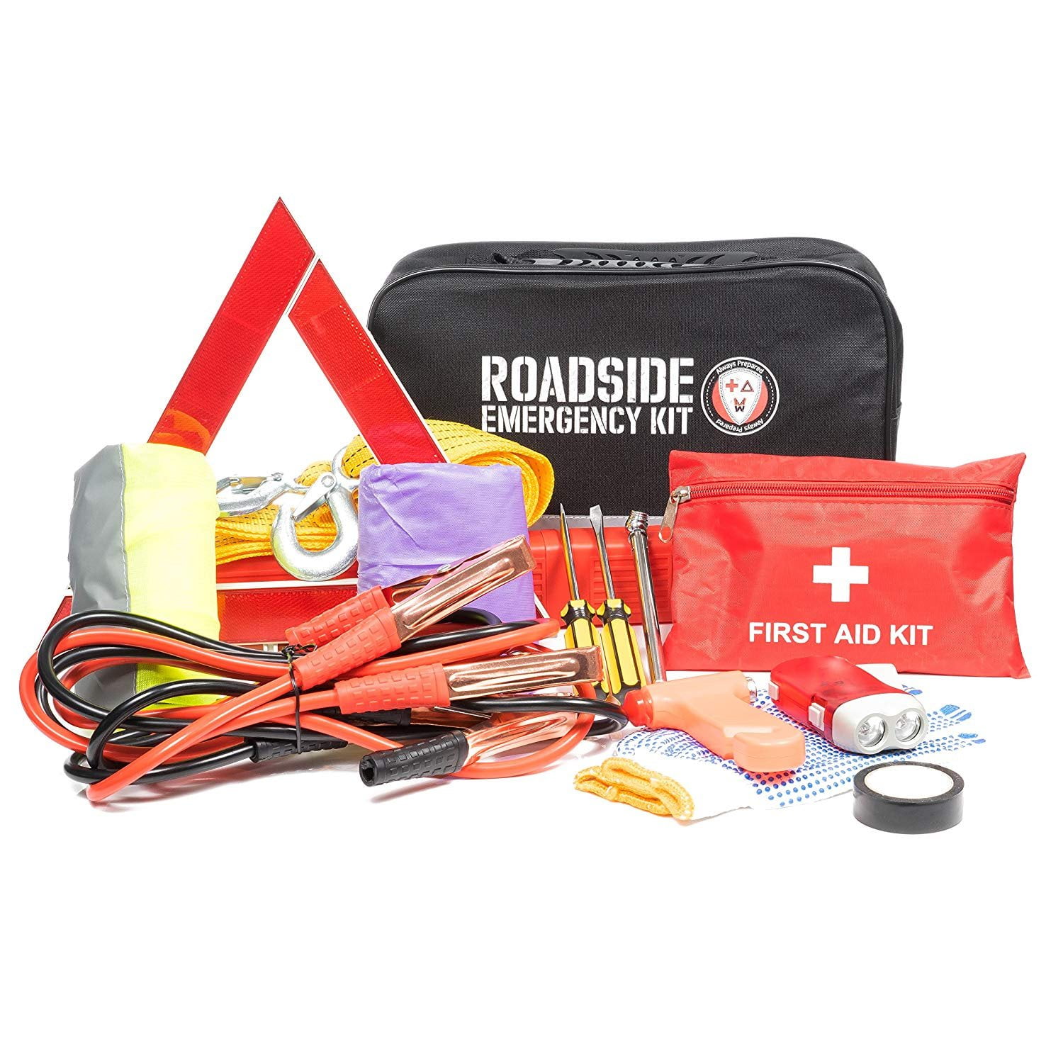 Roadside Assistance Car Emergency Kit - First Aid Kit, Jumper Cables, Tow Rope, LED Flash Light, Rain Coat, Tire Pressure Gauge, Safety Vest & More
