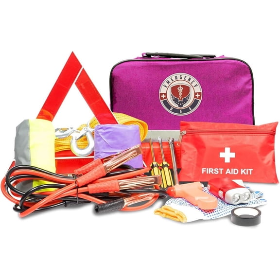 Roadside Assistance Emergency Car Kit - First Aid Kit, Jumper Cables, Tow Strap, led Flash Light, Rain Coat, Tire Pressure Gauge, Safety Vest and More Ideal Winter Accessory for your Car (Pink)