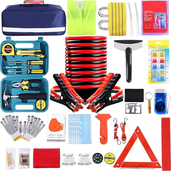 Roadside Assistance Emergency Kit - Car Emergency Kit with Jumper Cables (Upgraded) Emergency Roadside Kit for Car 142 Pieces Car Safety Kits,Tow Strap,Tool Kit,Reflective Warning Triangle