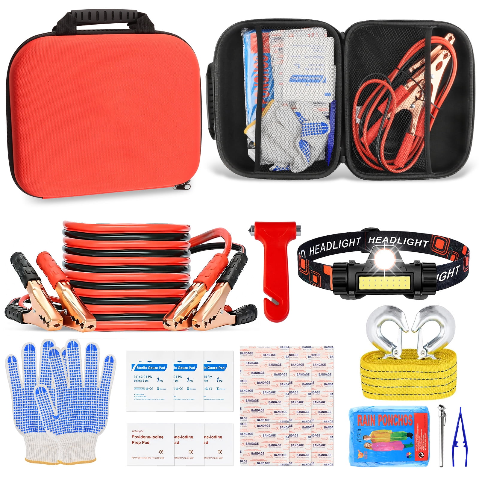 Roadside Assistance Emergency Kit Car Safety Kit Multipurpose Bag Car Premium with Battery Jumper Cable Kit for Car, Vehicle, Truck or SUV for Men or Women, Black  Roadside Emergency Car Kit-with Jum