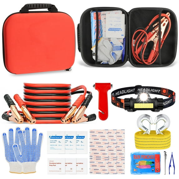 Roadside Assistance Emergency Kit Car Safety Kit Multipurpose Bag Car Premium with Battery Jumper Cable Kit for Car, Vehicle, Truck or SUV for Men or Women, Black Roadside Emergency Car Kit-with Jum