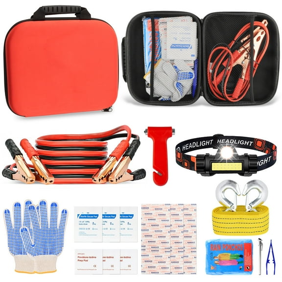 Roadside Assistance Emergency Kit Car Safety Kit Multipurpose Bag Car Premium with Battery Jumper Cable Kit for Car, Vehicle, Truck or SUV for Men or Women, Black  Roadside Emergency Car Kit-with Jum