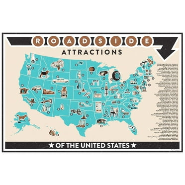 Roadside Attractions of America Map Chart USA Road Trip Travel Guide Retro Vintage Style Americana Googie Architecture Midcentury Cool Wall Art Print Poster 12x18