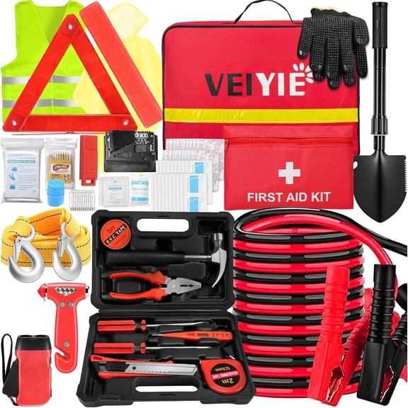 Roadside Car Emergency Kit, Winter Car Safety Kit with 10FT Jumper Cables, Tow Strap, Tool Kit, Reflective Warning Triangle, Road Trip Essentials, for New Drivers, Teens
