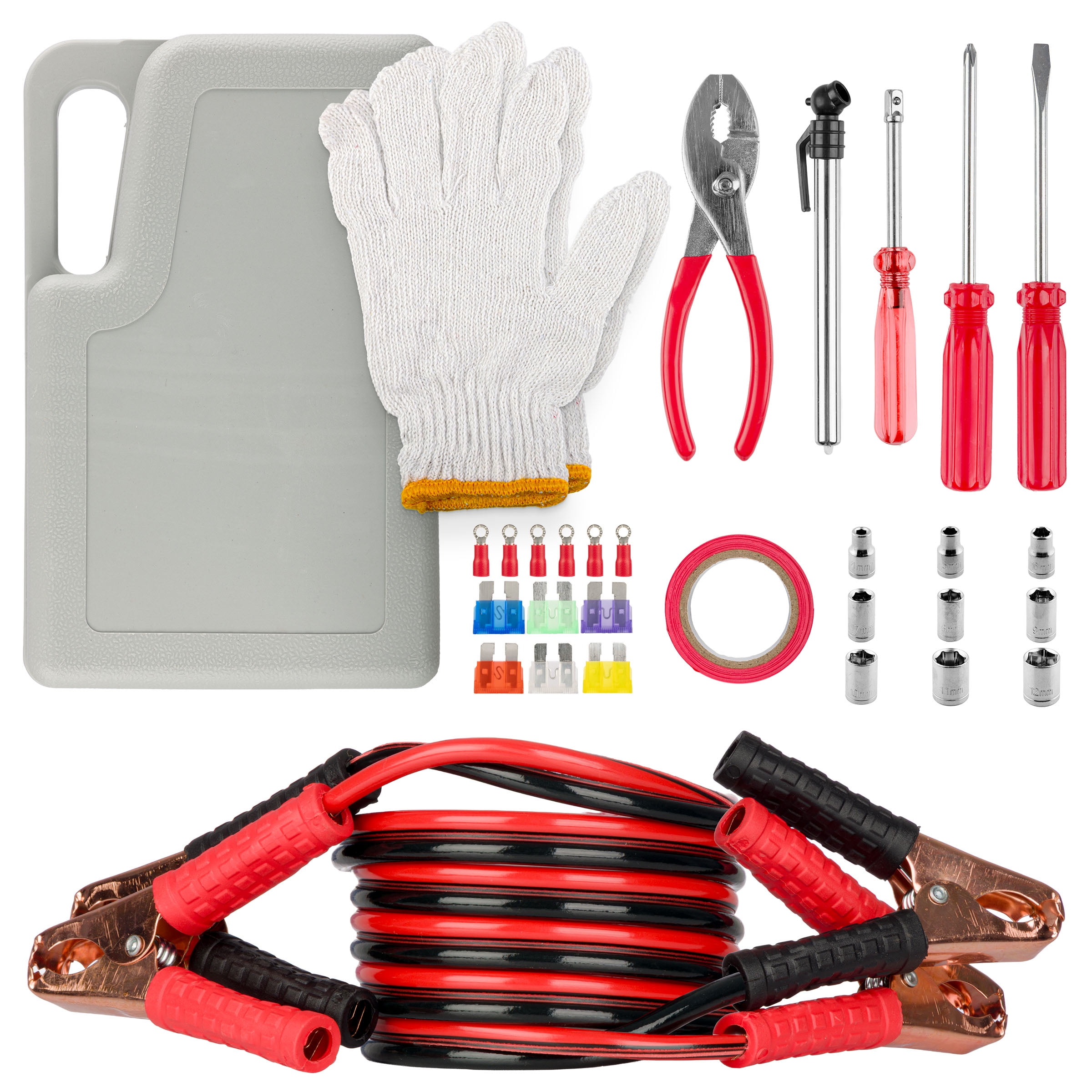 Roadside Emergency Car Kit - 30-Piece Road Trip Essentials Tool Set with Jumper Cables and Carrying Case for Car, Truck, or RV by Stalwart (Gray/Red)
