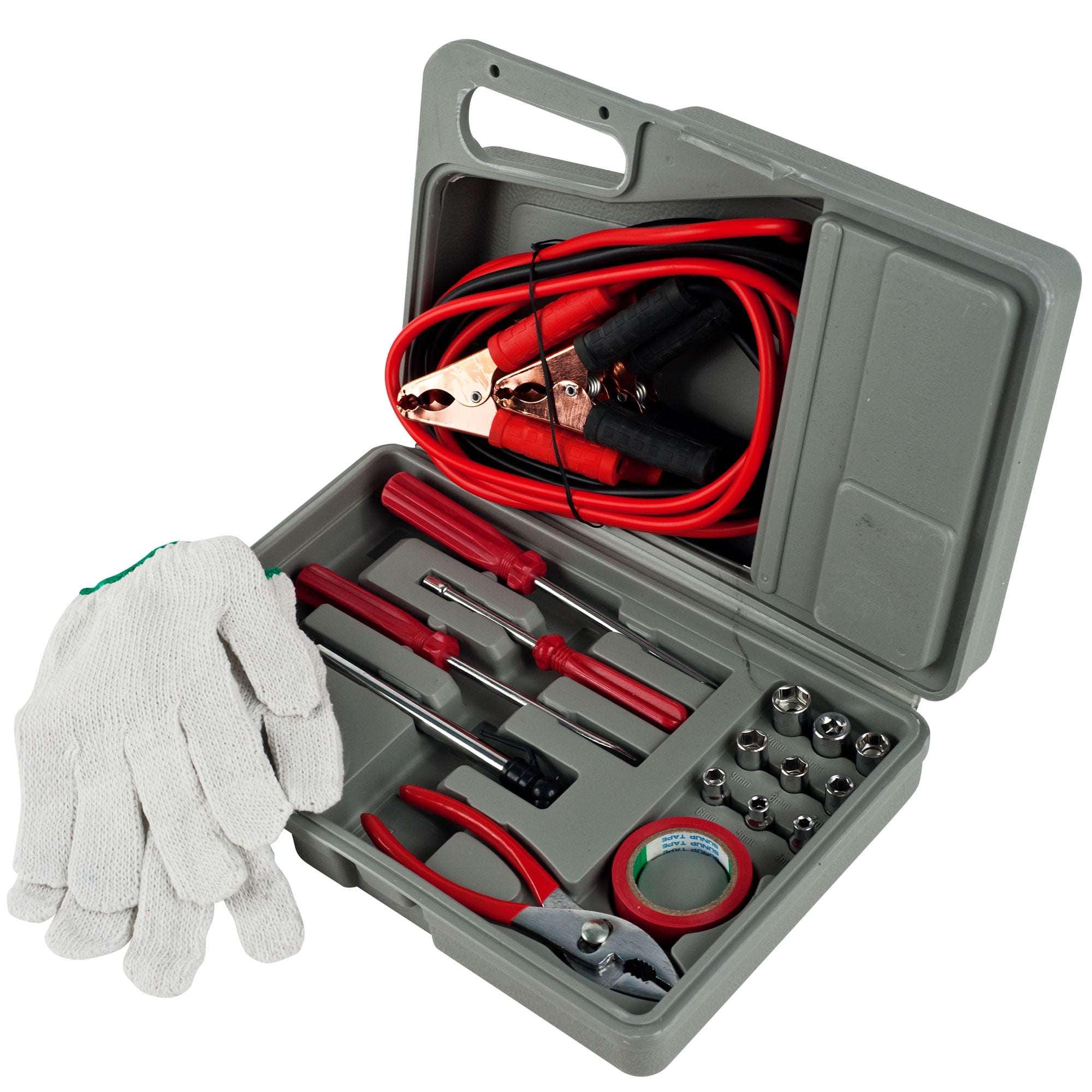 Roadside Emergency Car Kit - 30-Piece Road Trip Essentials Tool Set with Jumper Cables and Carrying Case for Car, Truck, or RV by Stalwart (Gray/Red)