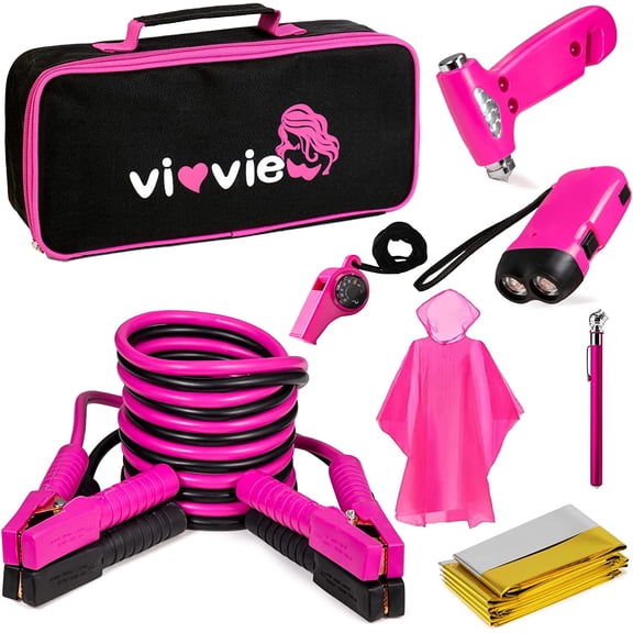 Roadside Emergency Car Kit for Vehicles, Car Safety Kit with Jumper Cables, Safety Hammer, Pink Car Accessories Road Trip Essentials Assistance Kit for Teen Girls Women