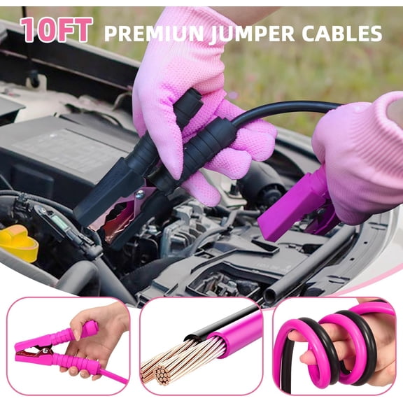 Roadside Emergency Car Kit for Vehicles, Pink Car First Aid Kit Emergency Kit with Jumper Cables, Car Safety Kits, Tow Strap, Tool Kit, Road Trip Assistance for Men, Women, New Driver Gifts