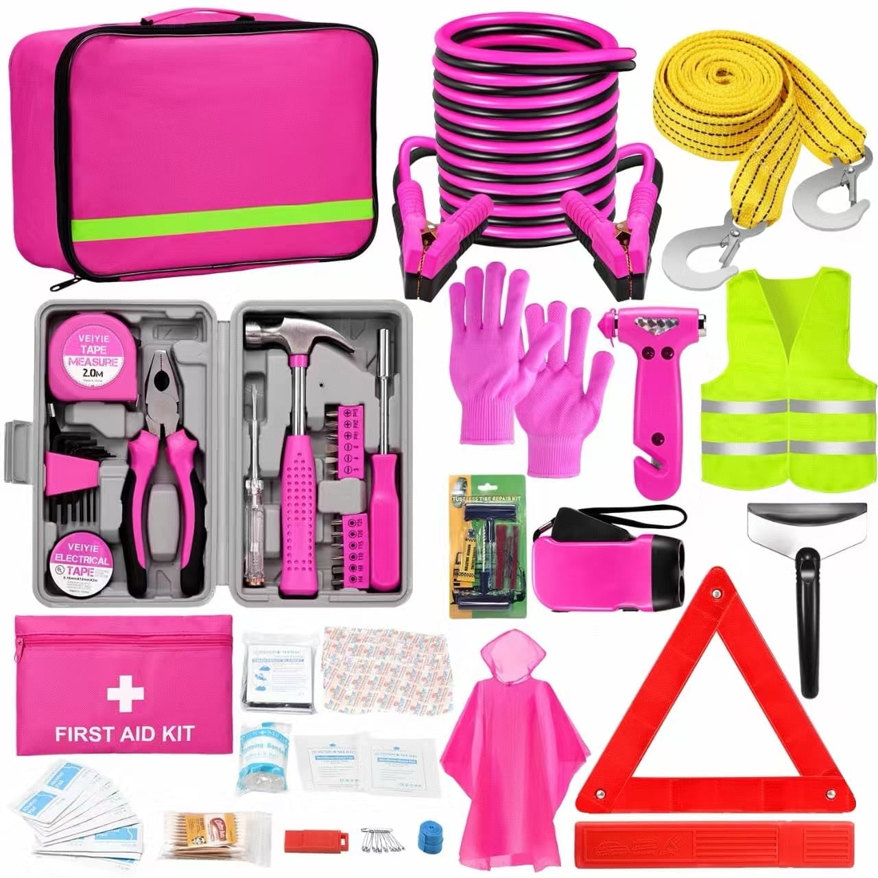 Roadside Emergency Car Kit for Vehicles, Pink Car First Aid Kit Emergency Kit with Jumper Cables, Car Safety Kits, Tow Strap, Tool Kit, Road Trip Assistance for Men, Women, New Driver Gifts