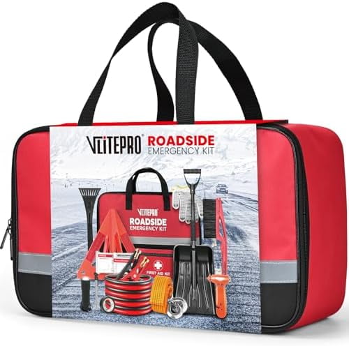 Roadside Emergency Car Kit with Jumper Cables, Snow Shovel, Tow Strap ...