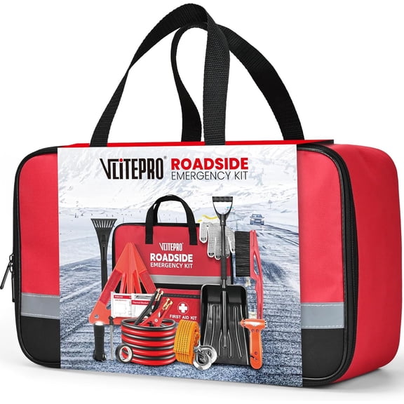 Roadside Emergency Car Kit with Jumper Cables, Snow Shovel, Tow Strap & First Aid Kit