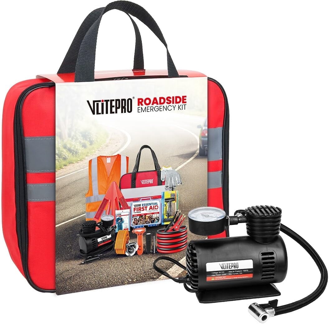 Roadside Emergency Car Kit with Portable Air Compressor & Jumper Cables, for Women, Men, Teens