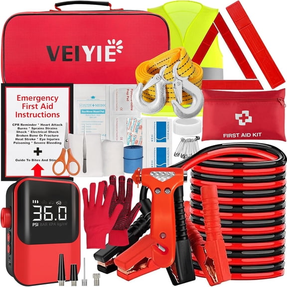 Roadside Emergency car kit for Vehicles, Car First Aid Emergency kit with Portable Air Compressor, Heavy Duty Jumper Cables, Tow Strap, Road Trip Essentials Safety kit, New Driver Gifts