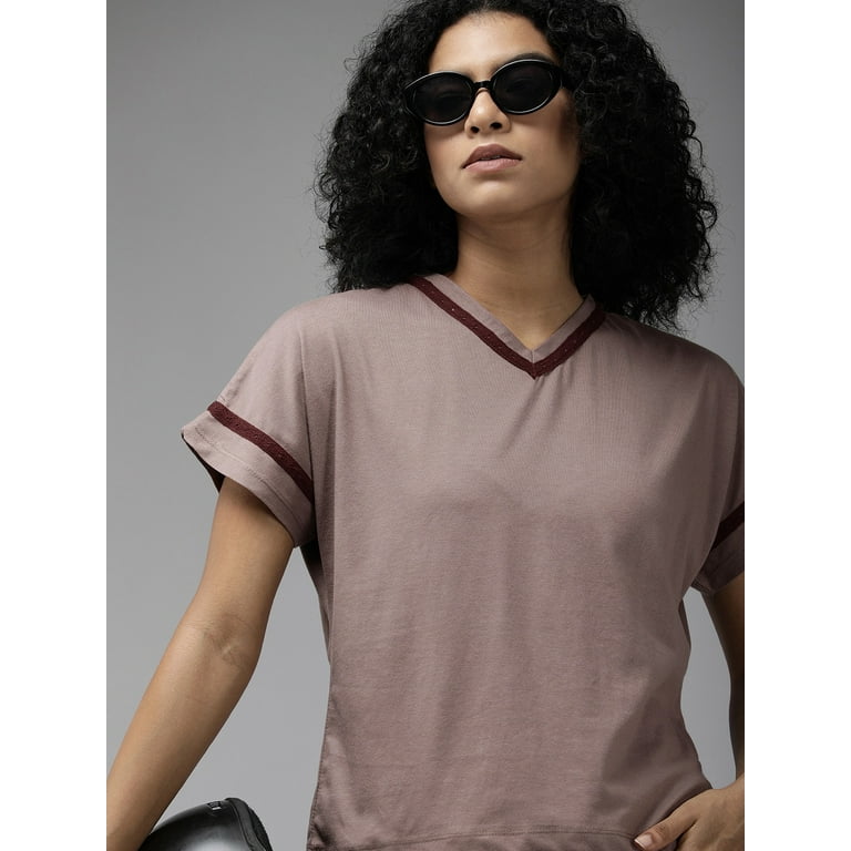 Roadster - By Myntra Casual T-Shirts For Women Mauve Solid V-Neck Casual  Short Sleeves Regular Cotton Ready to Wear T-shirt With Tonal Lace Detail