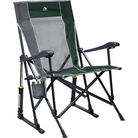 Roadtrip Rocker Camping Chair | Portable  Folding Rocking With Solid Durable Armrests Drink Holder & Comfortable Extended Backrest - Hunter Green
