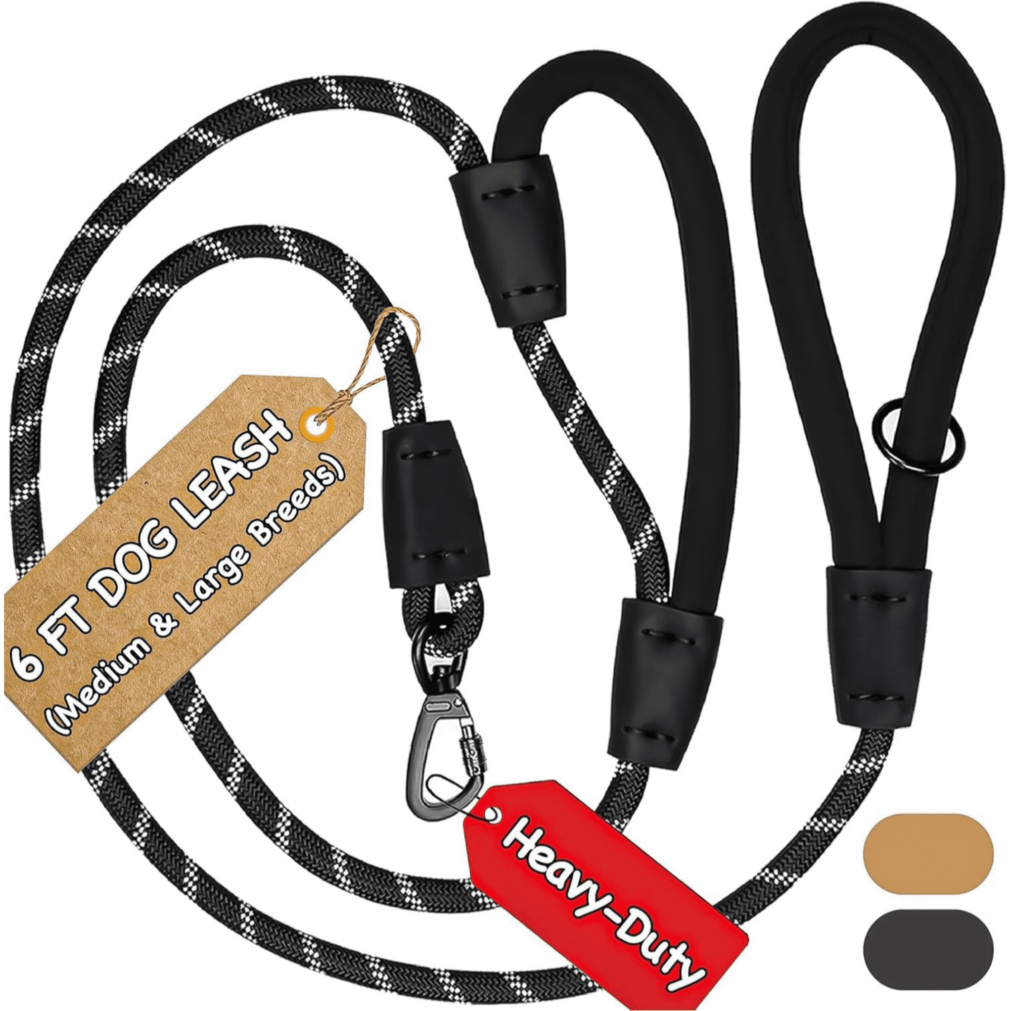 Roam Gear 6 Foot Dog Leash, Nylon, Reflective, Heavy Duty, Padded Handles, Lockable Carabiner, Black