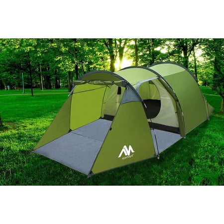 ASTRAEA 4 Person Tents for Camping, Waterproof Camping Tunnel Tent with 2 Divided Rooms for Bikepacking Motorcycle Travel Hiking Mountaineering, Green