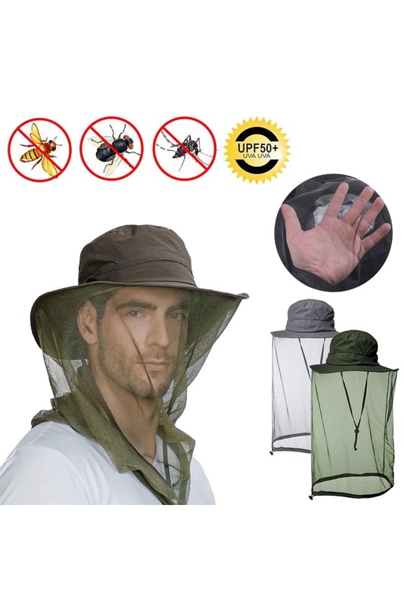 Mosquito Head Net Hat for Men Women, Wide Brim Sun Hats with Mesh Mask, UV Protection for Travel Camping Fishing, Green