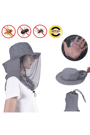 Mosquito Head Net Hat for Men Women, Wide Brim Sun Hats with Hidden Mesh Mask, UV Protection for Travel Camping Fishing, Gray