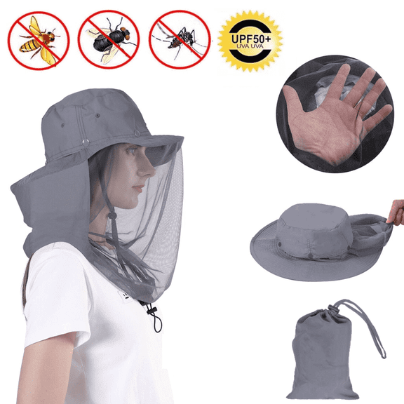 ASTRAEA Mosquito Head Net Hat for Men Women, Wide Brim Sun Hats with Hidden Mesh Mask, UV Protection for Travel Camping Fishing, Gray
