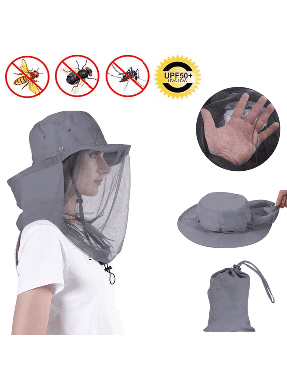 Mosquito Head Net Hat for Men Women, Wide Brim Sun Hats with Hidden Mesh Mask, UV Protection for Travel Camping Fishing, Gray