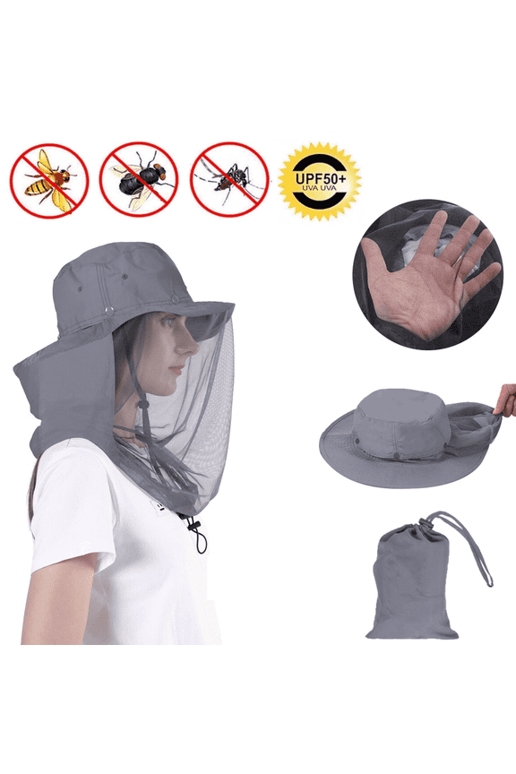 Mosquito Head Net Hat for Men Women, Wide Brim Sun Hats with Hidden Mesh Mask, UV Protection for Travel Camping Fishing, Gray