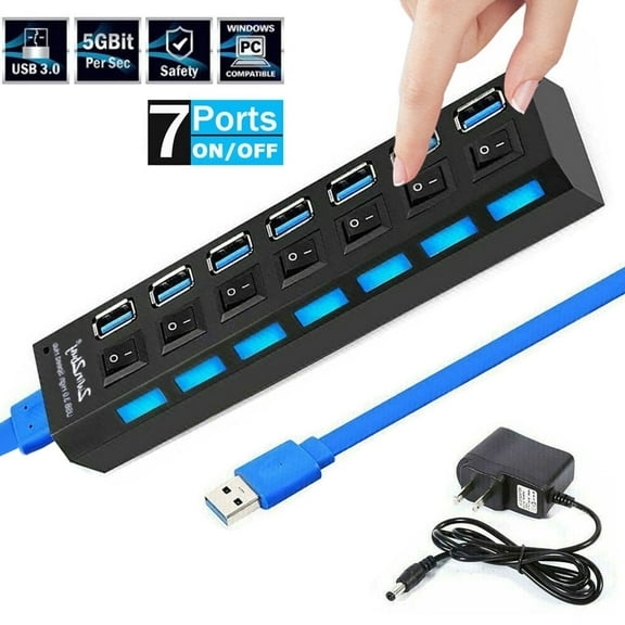 ASTRAEA 7 Port USB 3.0 Hub, USB A Port Data Hub with Independent On/Off Switch & LED Indicators for Laptop PC Computer Mobile HDD Flash Drive and More, Black