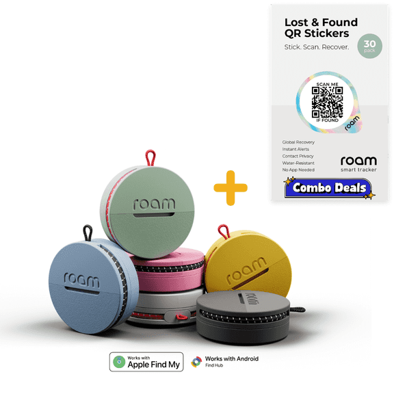 Roam Smart Tracker Bundle – 8 Finders + 30 QR Stickers | No Subscription | Apple & Android