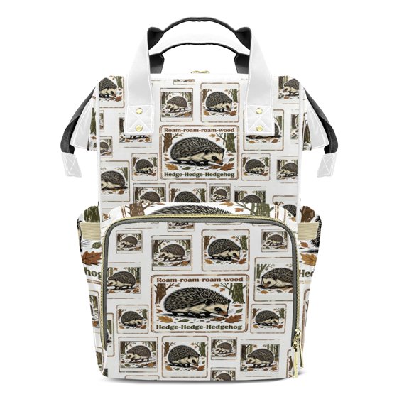 Roam Wood Vintage Hedgehog Grid Diaper Backpack, Large Capacity Retro Woodland Hedgehog Tree Leaf Print Mummy Bag with Insulated Bottle Pockets for Baby Boys Girls