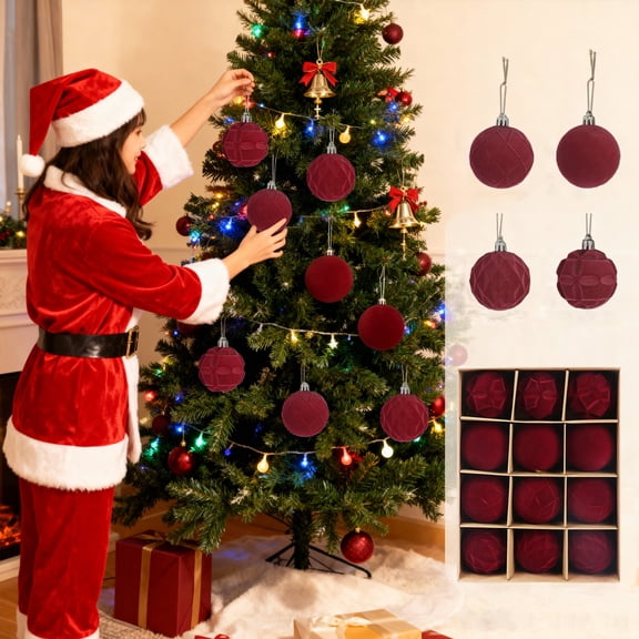 RoamHome 12-Piece Flocked Christmas Balls Ornament Set, 6cm Red Festive Tree Decorations for Holiday Party Home Decor