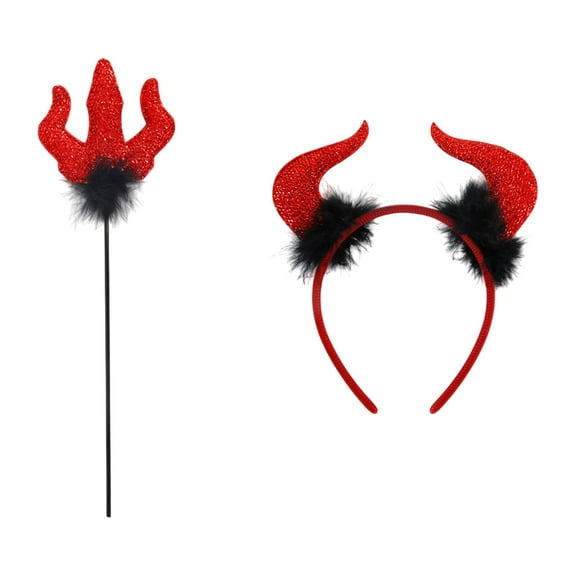 RoamHome 2-Pack Halloween Devil Headband with Red Glitter Horns & Matching Wand Set, Sparkling Costume Accessories, Party Decoration Supplies for Halloween & Holiday Celebrations
