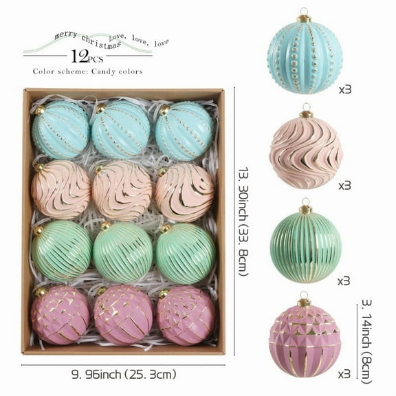 RoamHome 8CM Christmas Baubles Set of 12, 4 Embossed Metallic Patterns, Festive Tree Ornaments for Holiday Decor, Gift Boxed
