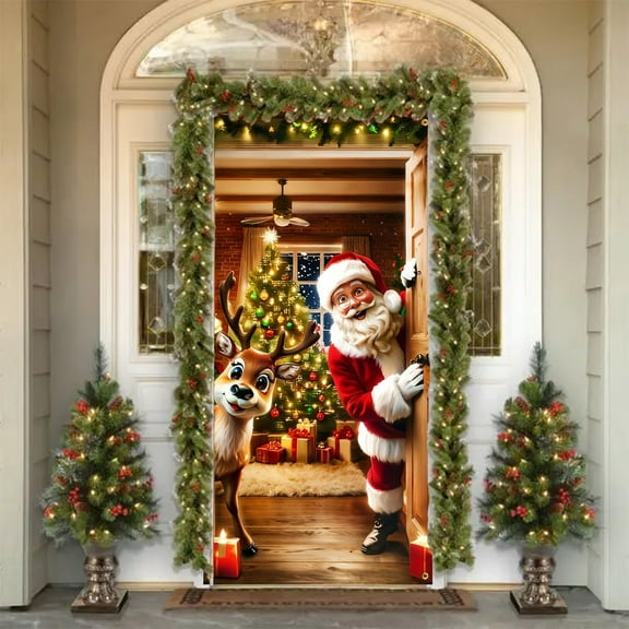 RoamHome Christmas Door Cover Santa Claus Reindeer Door Curtain 180x90cm Festive Party Decoration Nylon Door Hanging for Home Holiday Decor