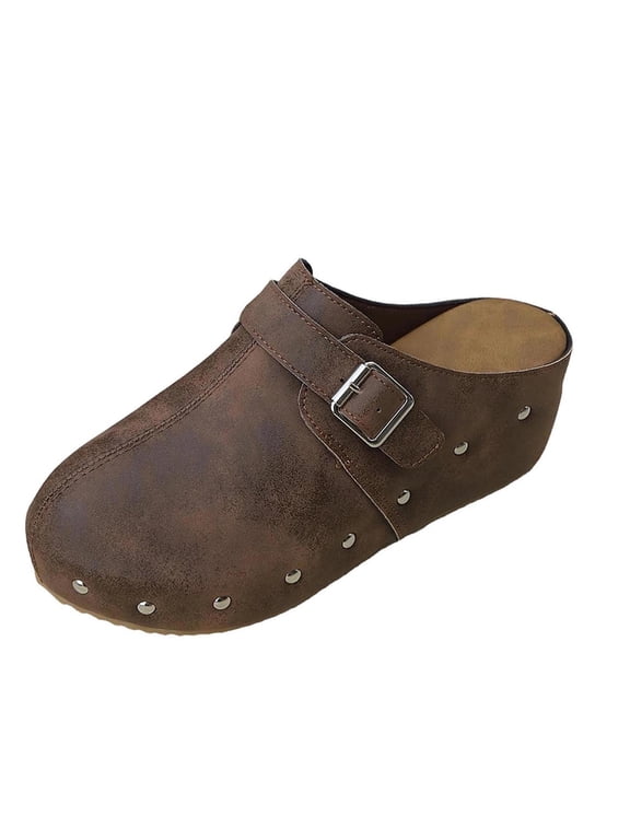 Chunky Platform Clogs for Women Vintage Closed Toe Backless Mules with Buckle & Rivets, Retro Suede Slip On Summer Sandals, Comfortable Chunky Sole Beach Pool Slides