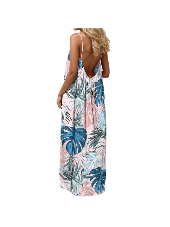 Dresses for Women Plus Size Dresses Floral Print Spaghetti Strap Backless Maxi Dress