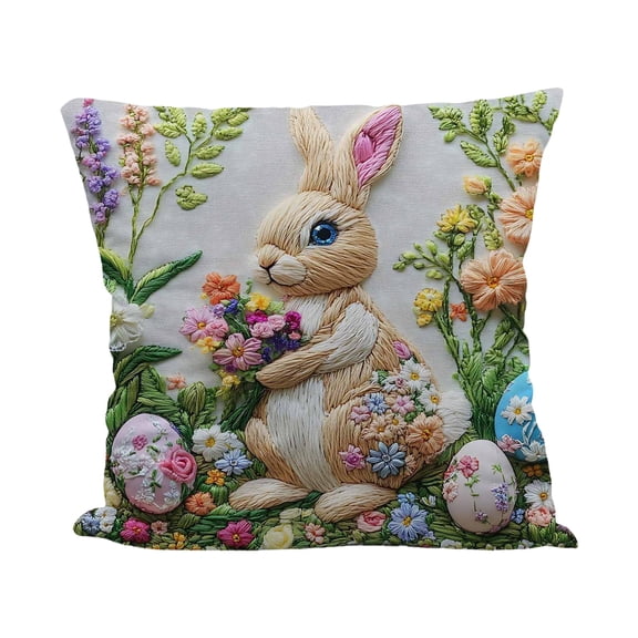 RoamHome Easter Bunny Faux Embroidery Pillow Cover 18x18 Throw Pillowcase with Floral Rabbit Print for Spring Home Decor, Sofa Cushion Case