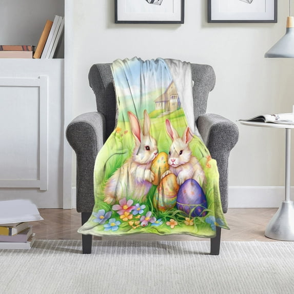 RoamHome Easter Flannel Blanket 39x27.5in - Cute Bunny & Eggs Pattern Sofa Throw, Soft Holiday Blanket for Home Decor, Cozy Lightweight Easter Gift - All Season Decorative Throw.