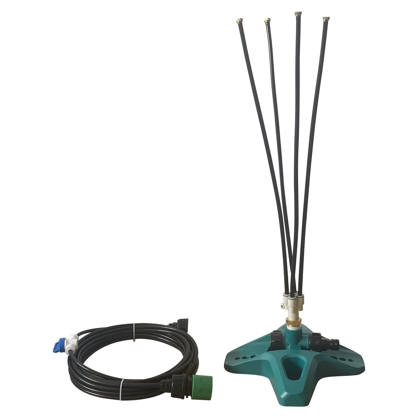 RoamHome Freestanding Garden Misting System - 4-Arm Rotary Sprinkler Nozzle with 26ft Hose & Adjustable Stand - Perfect for Patio Cooling & Poolside - Includes 6 Spray Heads & Installation Kit.