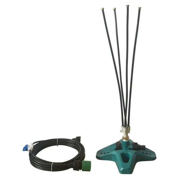 RoamHome Freestanding Garden Misting System - 4-Arm Rotary Sprinkler Nozzle with 26ft Hose & Adjustable Stand - Perfect for Patio Cooling & Poolside - Includes 6 Spray Heads & Installation Kit.