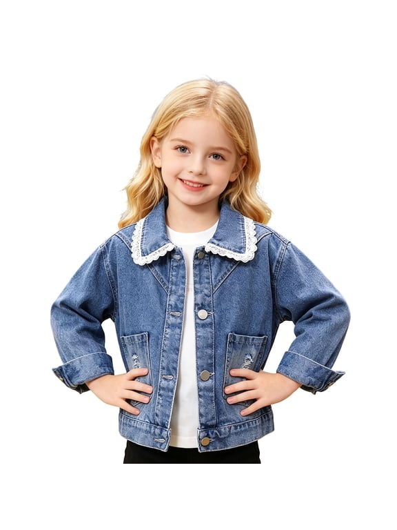 Girls Denim Jacket Long Sleeve Button Down Jean Coat with Lace Collar Pockets for Toddler Kids Little Girls, Casual Lapel Outerwear